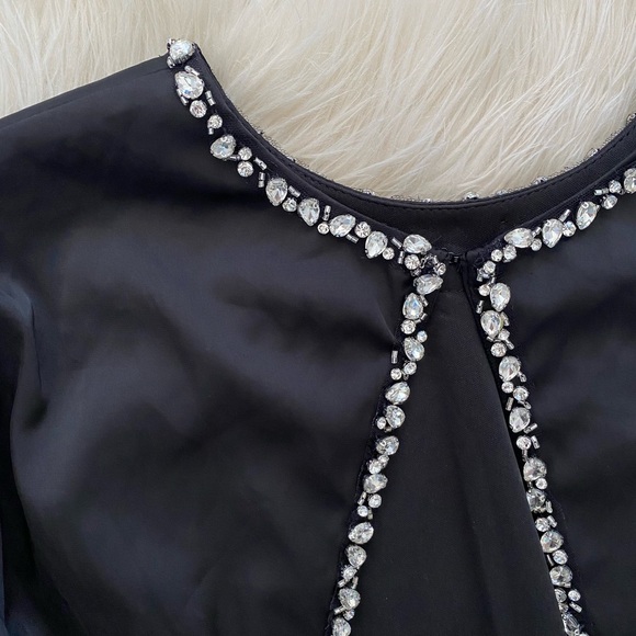 Mac Duggal Black Satin Long Sleeve Silver Rhinestone Trim Open Back Gown 26524 - Picture 10 of 14